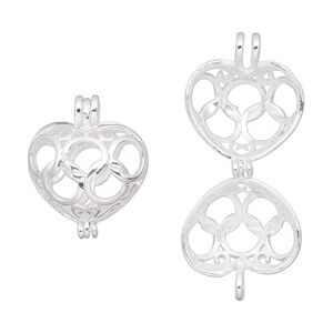 Drop, silver-finished brass, 16x13mm puffed heart bead cage. Sold individually.