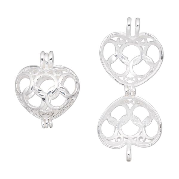 Drop, silver-finished brass, 16x13mm puffed heart bead cage. Sold individually. image number 0