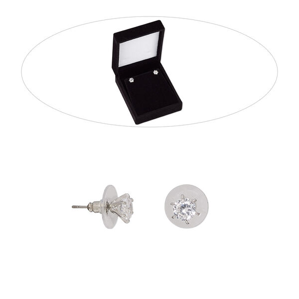 Earstud, cubic zirconia / stainless steel / rhodium-finished brass, clear, 7mm round with post. Sold per pair. image number 0