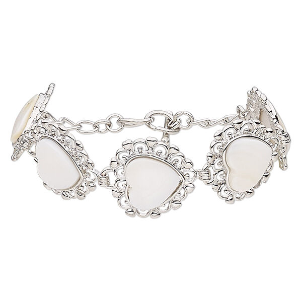 Bracelet, gold lip shell (natural) with silver-finished brass and steel, 23x22mm heart, 7 inches with toggle clasp. Sold individually. image number 0