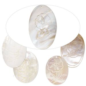 Focal, mother-of-pearl shell (natural/bleached), 42x33mm-58x37mm hand-carved oval, Mohs hardness 3-1/2. Sold per pkg of 5.
