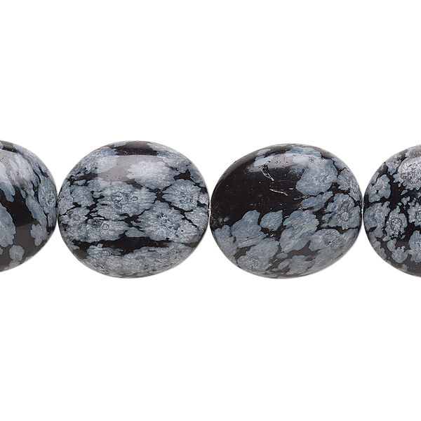 Bead, snowflake obsidian (natural), 16x14mm flat oval, B grade, Mohs hardness 5 to 5-1/2. Sold per 15-1/2" to 16" strand. image number 0
