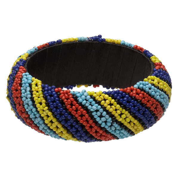 Bracelet, bangle, wood / polyester, glass, multicolored, 30mm wide with stripe design, 2-1/2 inch inside diameter. Sold individually. image number 0