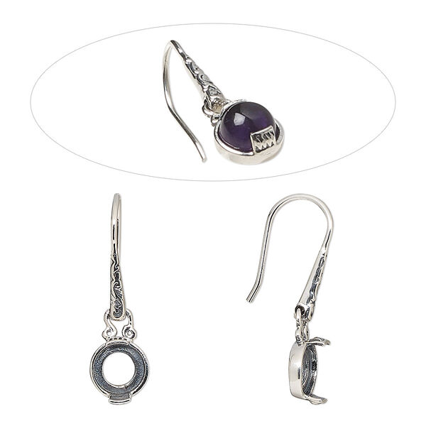 Earring, antiqued sterling silver, 25mm fishhook with flourish and marquise design and open back with 6mm 2-prong round cabochon setting. Sold per pair. image number 0