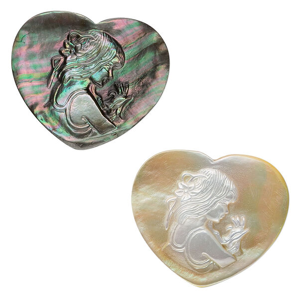 Cabochon, black lip shell (natural), 35x30mm calibrated carved heart cameo with girl, Mohs hardness 3-1/2. Sold individually. image number 0