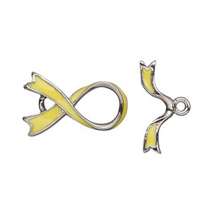 Clasp toggle 1pkg1 silver-plated / pewter (tin alloy), 23.5x14.5mm awareness ribbon, yellow enamel 1-strand