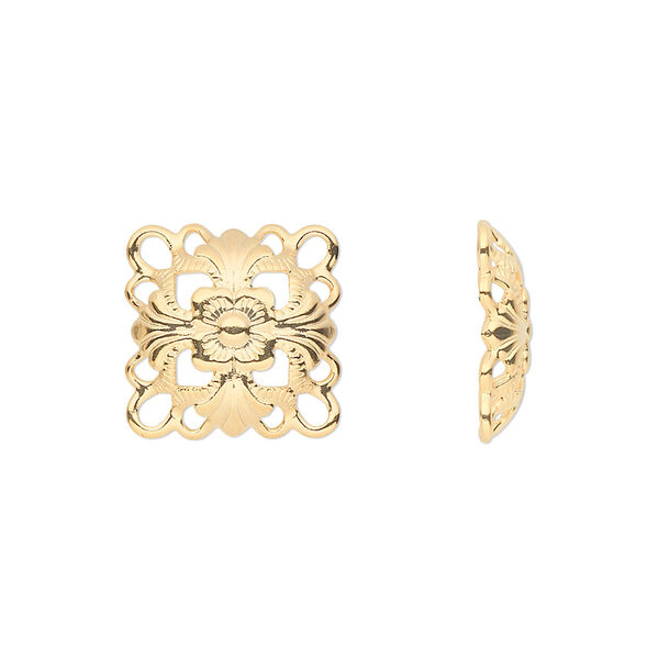 Link, gold-plated steel, 14mm single-sided domed square. Sold per pkg of 24. image number 0