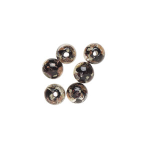 Bead, lampworked glass, clear / black / glow-in-the-dark / gold, 6mm round. Sold per pkg of 6.