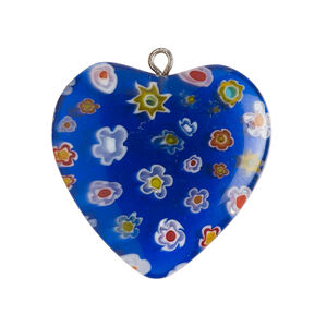 Focal 1pkg1, silver-finished steel / millefiori glass, translucent multicolored /red, 29-31mm puffed heart.