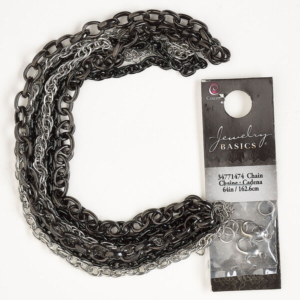 Chain and finding assortment, silver- and black-finished "pewter" (zinc-based alloy) and steel, 2-6mm mixed shapes. Sold per pkg of 12. image number 0