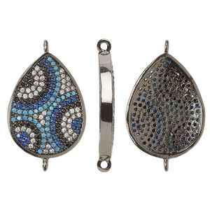 Link, cubic zirconia and black-finished brass, blue / black / clear, 22x16.5mm single-sided teardrop with circle design. Sold individually.
