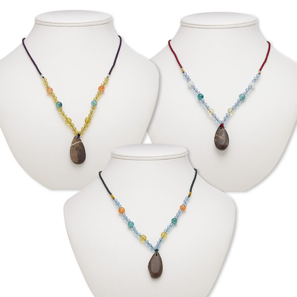 Necklace mix, portoro marble / multi-gemstone (natural / dyed) / nylon / acrylic / glass, multicolored, 34x18mm-35x19mm teardrop, 20- to 24-inch continuous loop. Sold per pkg of 3. image number 0