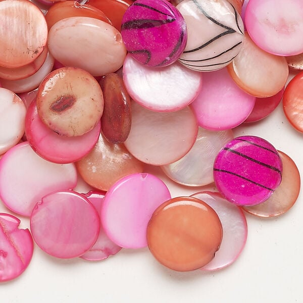 Mother-of-pearl shell 1pkg4oz, puffed flat round bead mix multi-pink 9-12mm image number 0