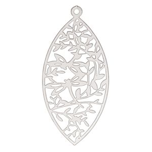 Focal, Lazer Lace™, stainless steel, 39x20mm two-sided marquise with dragonfly design. Sold per pkg of 2.