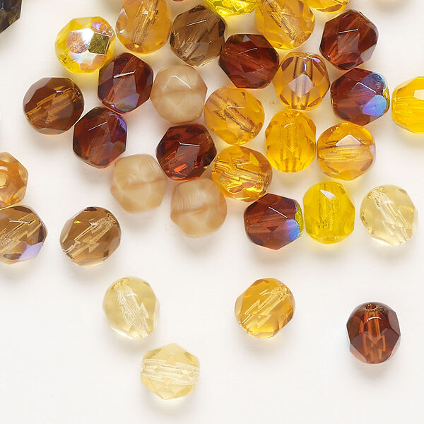 Bead, Czech fire-polished glass, pkg/50, 6mm faceted round, multi-amber. image number 0
