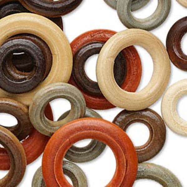 Component mix, wood (dyed), mixed colors, 21-33mm ring. Sold per pkg of 50. image number 0