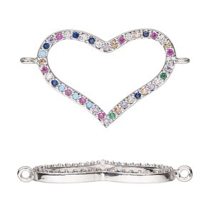 Link, cubic zirconia and silver-finished brass, multicolored, 24.5x18mm single-sided open heart. Sold individually.