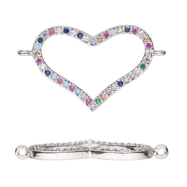Link, cubic zirconia and silver-finished brass, multicolored, 24.5x18mm single-sided open heart. Sold individually. image number 0
