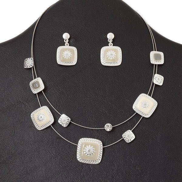 Necklace and earring set, 2-strand, silver-plated "pewter" (zinc-based alloy) and steel / enamel / glass rhinestone, grey / cream / clear, square, 15" to 16" necklace with lobster claw clasp and 3-inch extender chain, 1-1/4 inch earring with post. Sold per set. image number 0