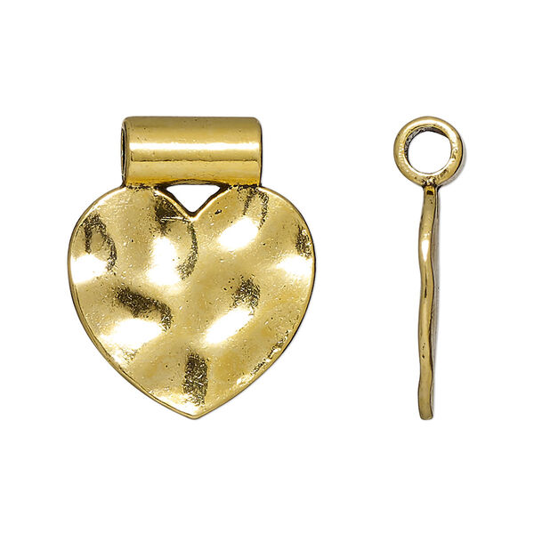 Pendant, slide, antique gold-finished "pewter" (zinc-based alloy), 25x21mm double-sided hammered flat heart with 3.5mm inside diameter. Sold per pkg of 10. image number 0