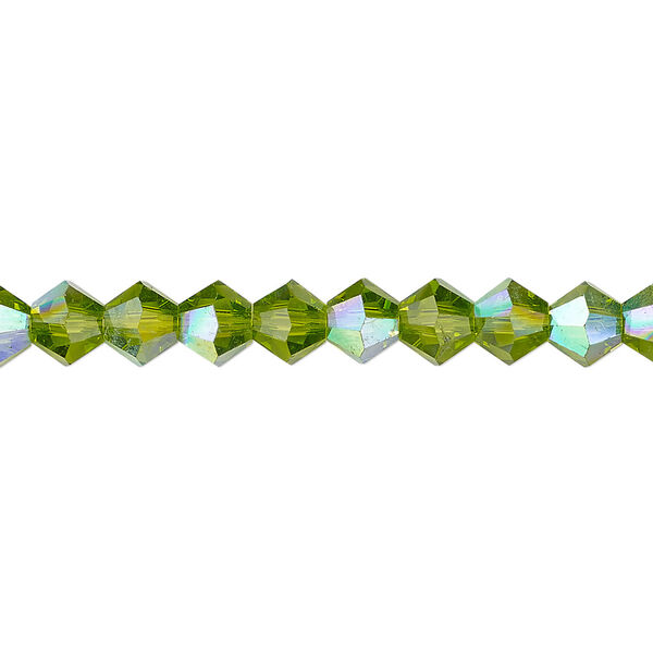 Bead 1pk transparent peridot green AB, Celestial Crystal® 6mm bicone 15.5-16 inch image number 0