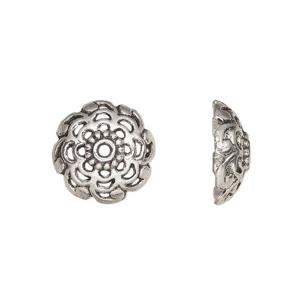 Bead cap, antiqued silver-finished "pewter" (zinc-based alloy), 15x6mm open flower round, fits 12-13mm beads. Sold per pkg of 20. image number 0