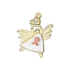 Charm, glass / glass rhinestone / enamel / gold-finished "pewter" (zinc-based alloy), white / pink / clear, 23x22mm single-sided dancing angel holding heart with awareness ribbon. Sold individually.