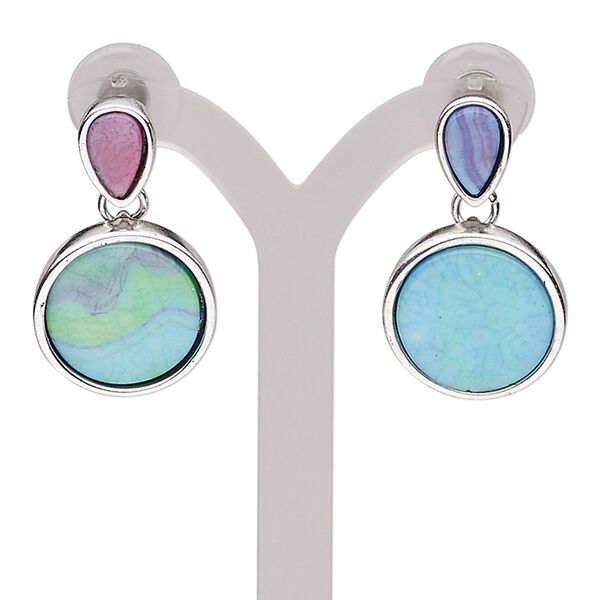 Earring, resin with silver-plated steel and "pewter" (zinc-based alloy), multicolored, 1-1/4 inches with round and post. Sold per pair. image number 0