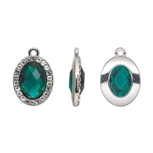 Drop, glass / glass rhinestone / imitation rhodium-finished "pewter" (zinc-based alloy), clear and transparent emerald green, 19x15.5mm single-sided oval. Sold per pkg of 2. image number 0