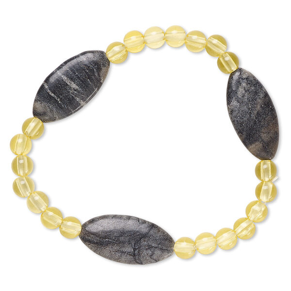 Bracelet, stretch, Picasso marble (natural) and acrylic, yellow, 5mm round and 25x12mm-26x13mm flat marquise, 6-1/2 inches. Sold individually. image number 0