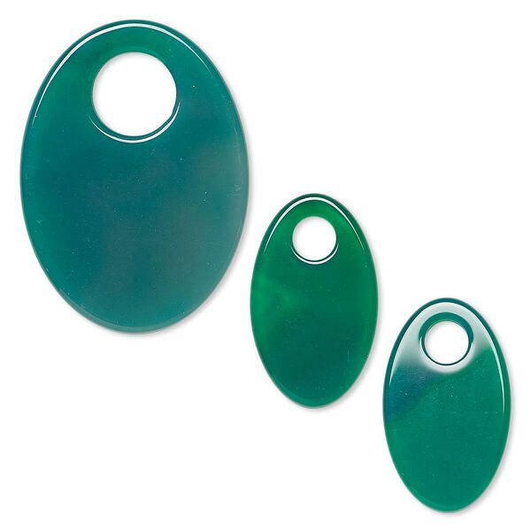 Focal and drop, agate (dyed), green, (1) 38x26mm and (2) 26x16mm oval go-go, B grade, Mohs hardness 6-1/2 to 7. Sold per 3-piece set. image number 0