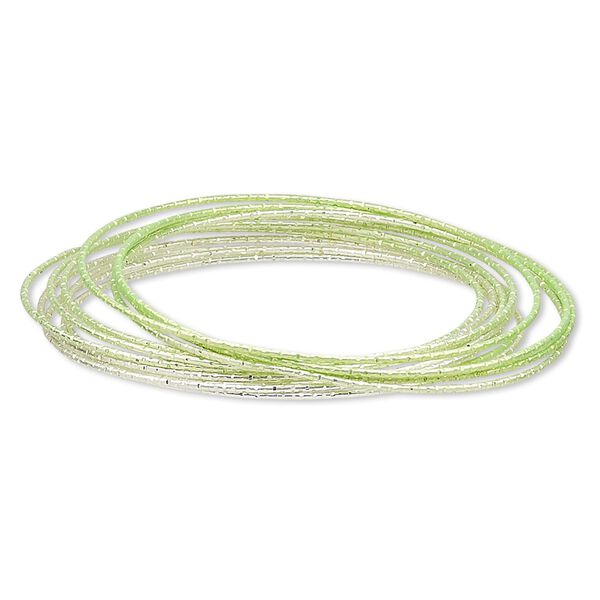 Bracelet, bangle, steel, light lime green / lime green / dark lime green, 1mm wide, 8-1/2 inches. Sold per 12-piece set. image number 0