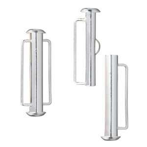 Clasp slide lock 1pkg4 silver-plated, 26x6mm round tube / fits 18x2mm cord, brass 1-strand