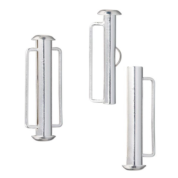 Clasp, slide lock, silver-plated brass, 26x6mm round tube. Sold per pkg of 4. image number 0