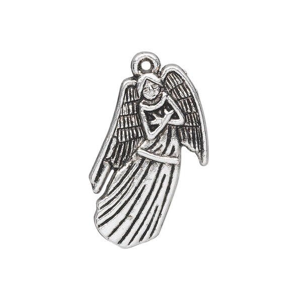 Charm, antique silver-plated "pewter" (zinc-based alloy), 28x17mm single-sided angel. Sold per pkg of 10. image number 0