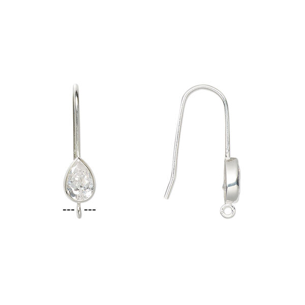 Ear wire, cubic zirconia and sterling silver, clear, 17mm fishhook with 6x4mm faceted pear and open loop, 21 gauge. Sold per pair. image number 0