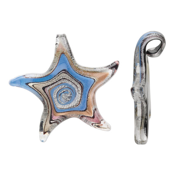 Focal, lampworked glass, periwinkle blue / purple / black with silver-colored foil and copper-colored glitter, 54x54mm starfish with swirl pattern. Sold individually. image number 0