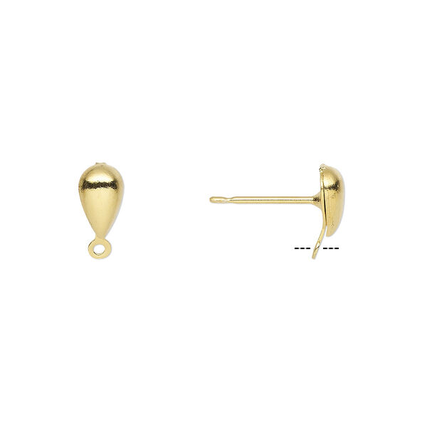Earstud, gold-plated brass and stainless steel, 7x4mm hollow fancy teardrop with closed loop. Sold per pkg of 50 pairs. image number 0
