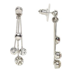 Earstud, Everyday Jewelry, antique silver-finished "pewter" (zinc-based alloy) / glass / steel, clear, 40mm. Sold per pair.
