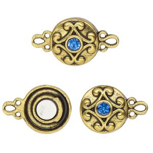 Clasp magnetic 1pkg2 "pewter" (zinc alloy), 12mm double-sided round, antique gold-finished / blue rhinestone 1-strand