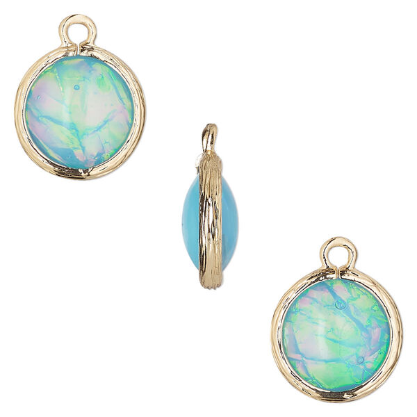 Drop, Opalized Ice™, "opal" (resin) and gold-finished brass, light blue, 14mm double-sided round. Sold per pkg of 4. image number 0