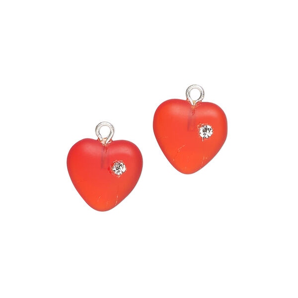 Drop 1pkg2, silver-plated brass / glass / cubic zirconia, translucent red and clear, 11mm frosted heart. image number 0