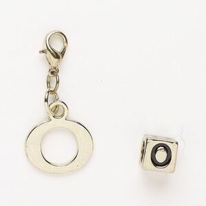 Charm and bead 1pkg2 brass-finished "pewter" (zinc-based alloy) / steel / enamel, black, 15x12mm "O" with lobster claw clasp and 7mm cube with "O".
