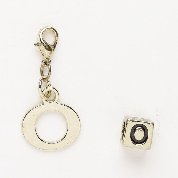 Charm and bead 1pkg2 brass-finished "pewter" (zinc-based alloy) / steel / enamel, black, 15x12mm "O" with lobster claw clasp and 7mm cube with "O". image number 0