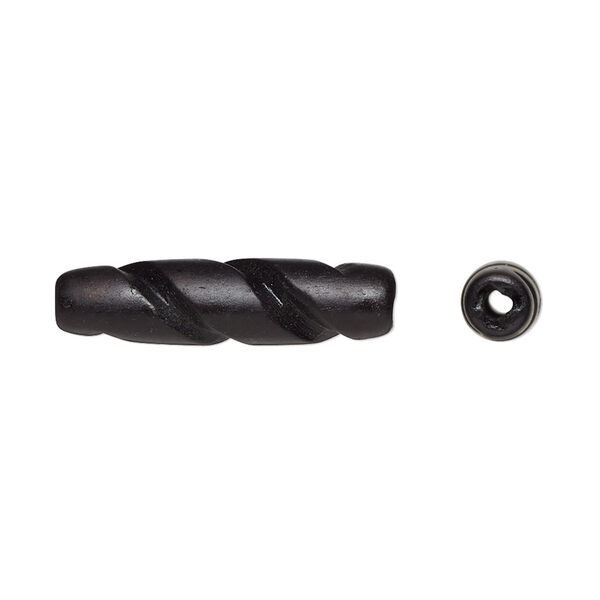 Bead, bone (dyed), black, 24x6mm-24x8mm hand-cut carved hairpipe with spiral design, Mohs hardness 2-1/2. Sold per pkg of 20. image number 0