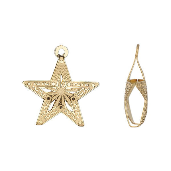 Charm, gold-finished stainless steel, 19.5x18mm double-sided domed star with textured cut-out nautical star design. Sold per pkg of 6. image number 0