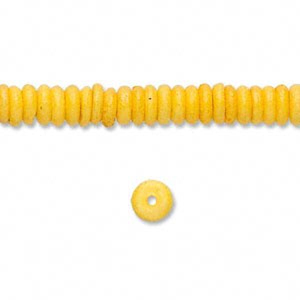 Bead, bone (dyed), yellow, 5x2mm rondelle, Mohs hardness 2-1/2. Sold per 15-1/2" to 16" strand. image number 0