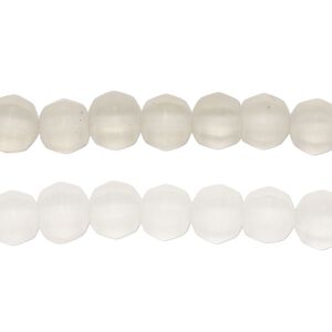 Bead, frosted glass, translucent clear, 7-8mm faceted round. Sold per pkg of (2) 12-inch strands, approximately 85 beads.