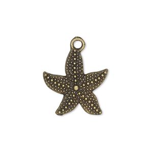 Charm, antique brass-plated "pewter" (zinc-based alloy), 19x19mm single-sided starfish. Sold per pkg of 4.