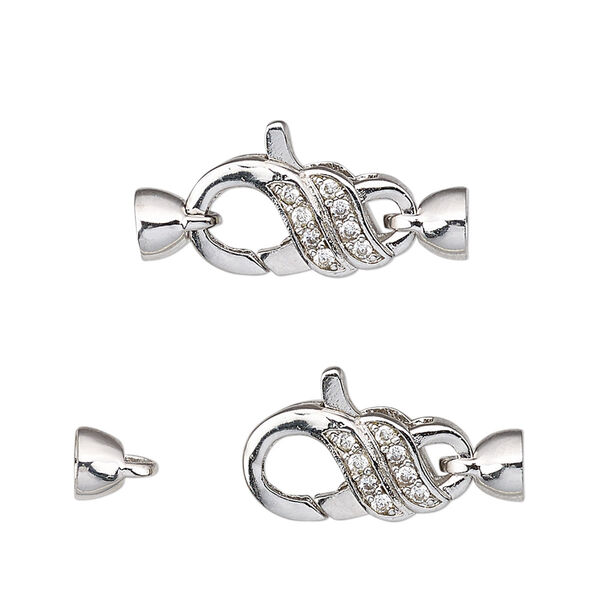 Clasp, lobster claw, cubic zirconia and rhodium-plated brass, clear, 25x11mm with glue-in ends, 3.5mm inside diameter. Sold individually. image number 0